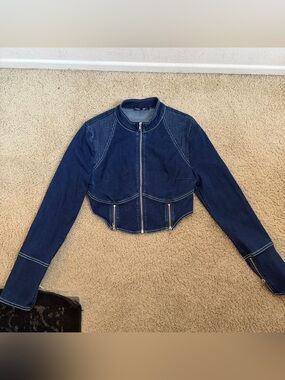 BY DYLN Cropped Dark Blue Denim Jacket with Front Zip